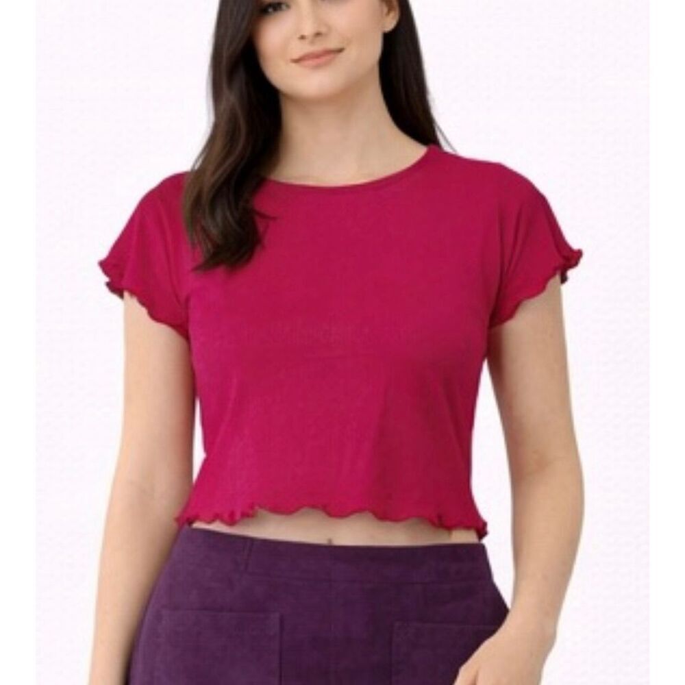 Frankie’s Bikinis pink cropped ruffle trim top xs